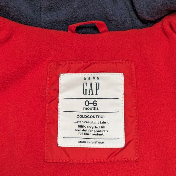 Baby GAP Puffer Jacket 0-6 Months Red ColdControl Hooded Fleece Lined Preppy - Picture 7 of 8
